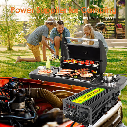 Portable grill with power inverter on a vehicle, people grilling outdoors.