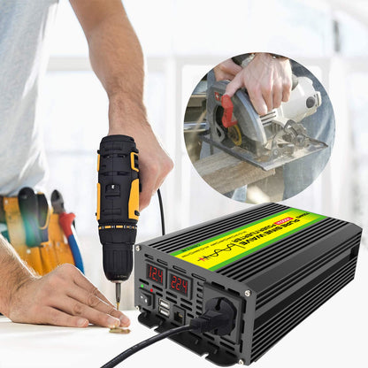 Power inverter with digital display, cordless drill, and circular saw on a white background