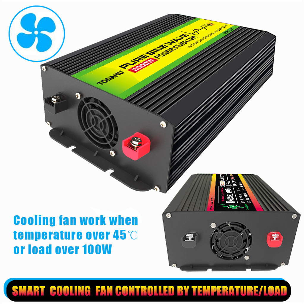 Power inverter with cooling fan feature on a white background