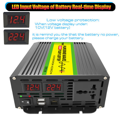 Power inverter with LED voltage display on a white background