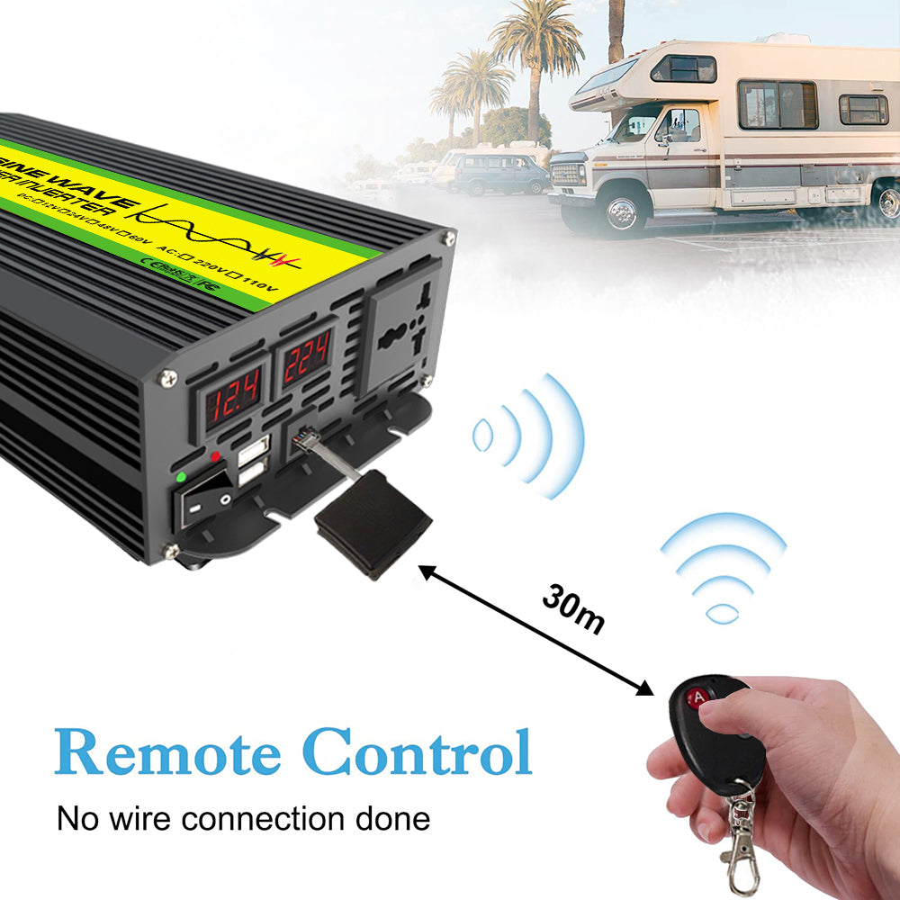 Power inverter with remote control and RV in the background