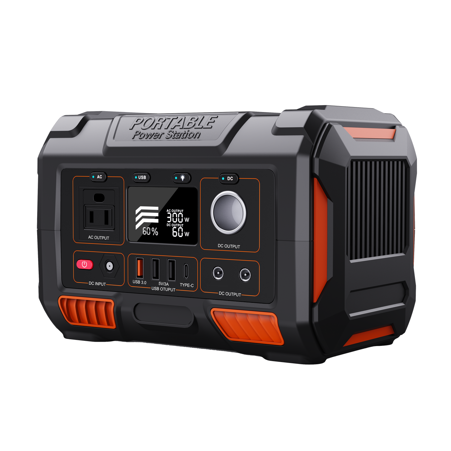 Portable power station with digital display and multiple ports on a white background