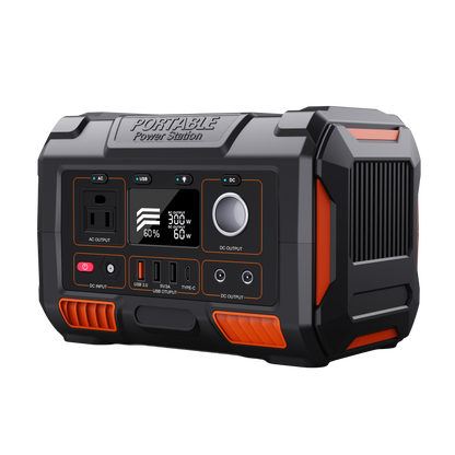 Portable power station with digital display and multiple ports on a white background
