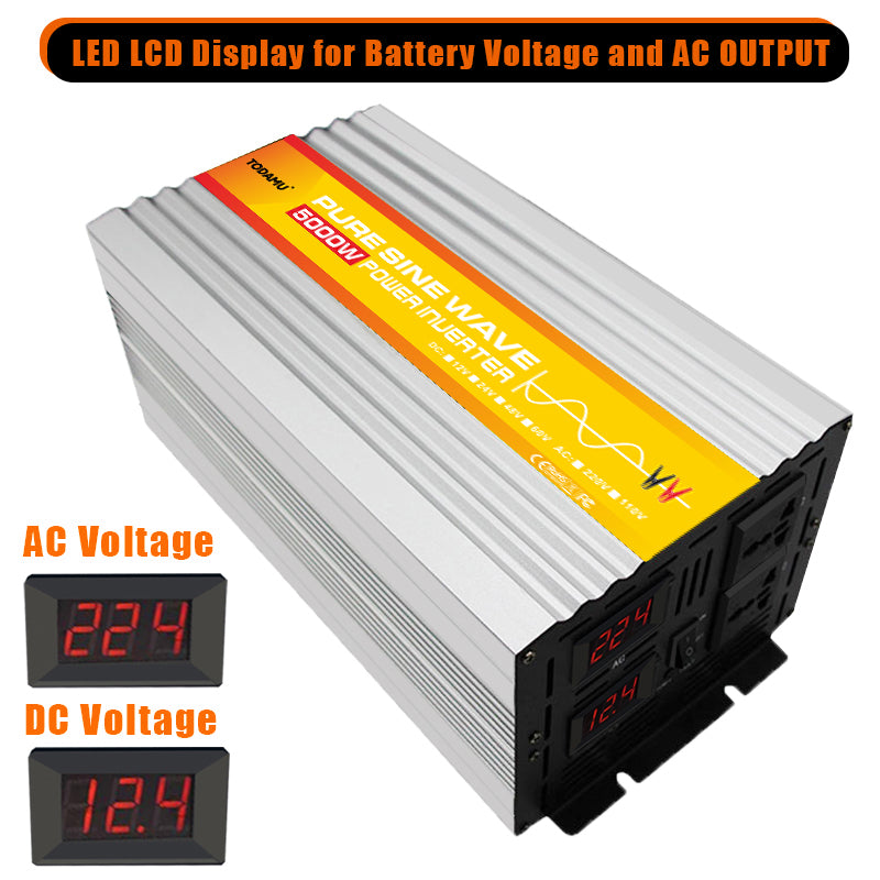 Power inverter with LED display for battery voltage and AC output on a white background