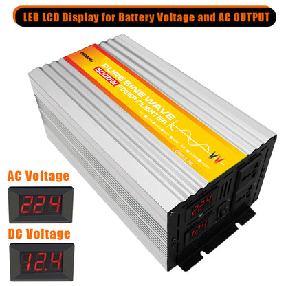 Power inverter with LED display for battery voltage and AC output on a white background