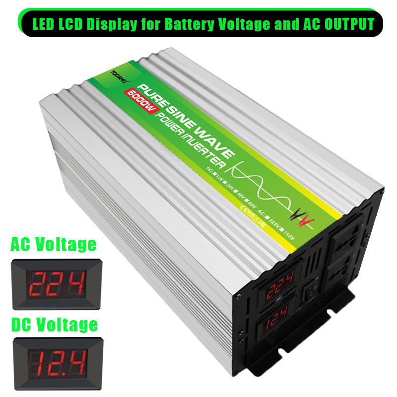 Power inverter with LED displays for battery voltage and AC output on a white background