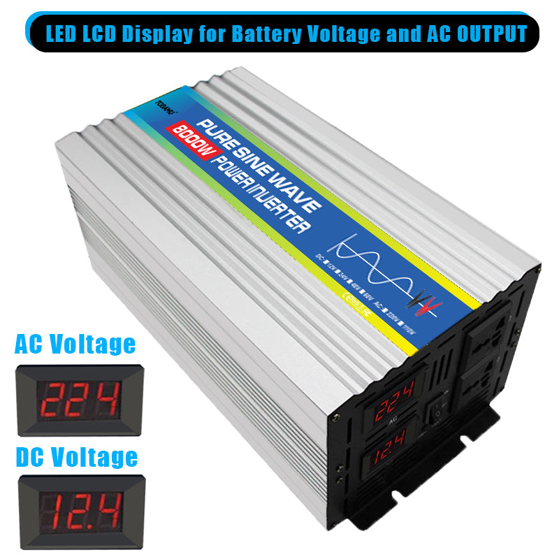 Power inverter with LED displays for voltage on a white background