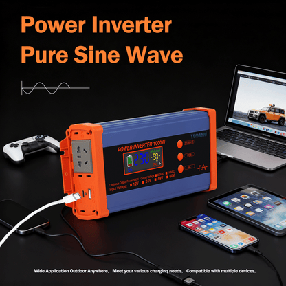 1000W Pure Sine Power Inverter 12V DC to 110V/220V AC,  Full-Function LCD Display