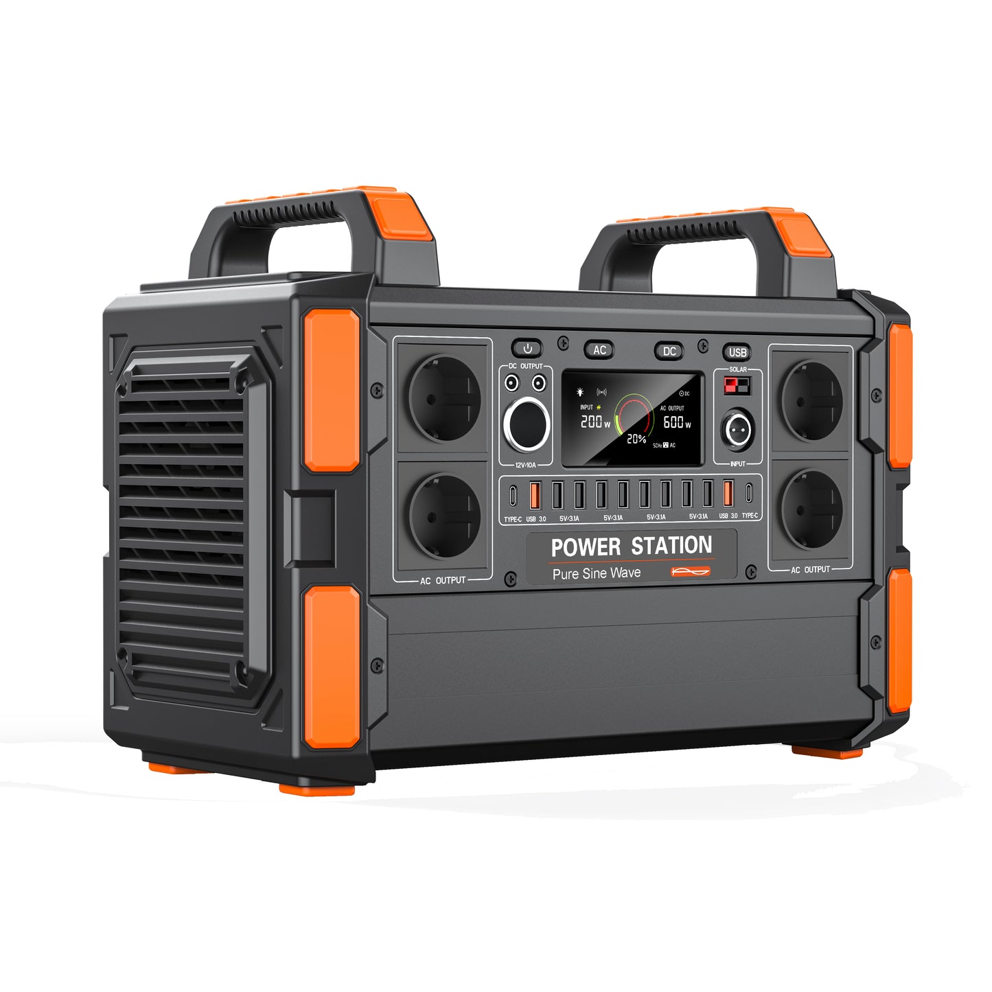 Portable power station with orange accents on a white background