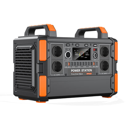 Portable power station with orange accents on a white background