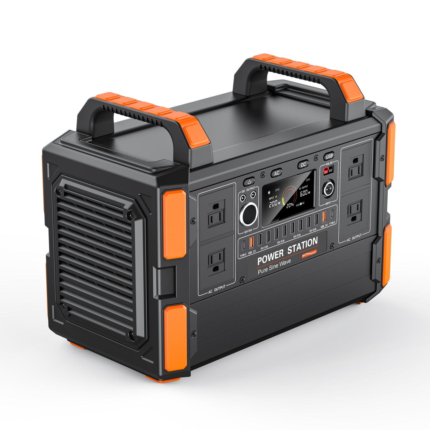 Portable power station with orange accents on a white background