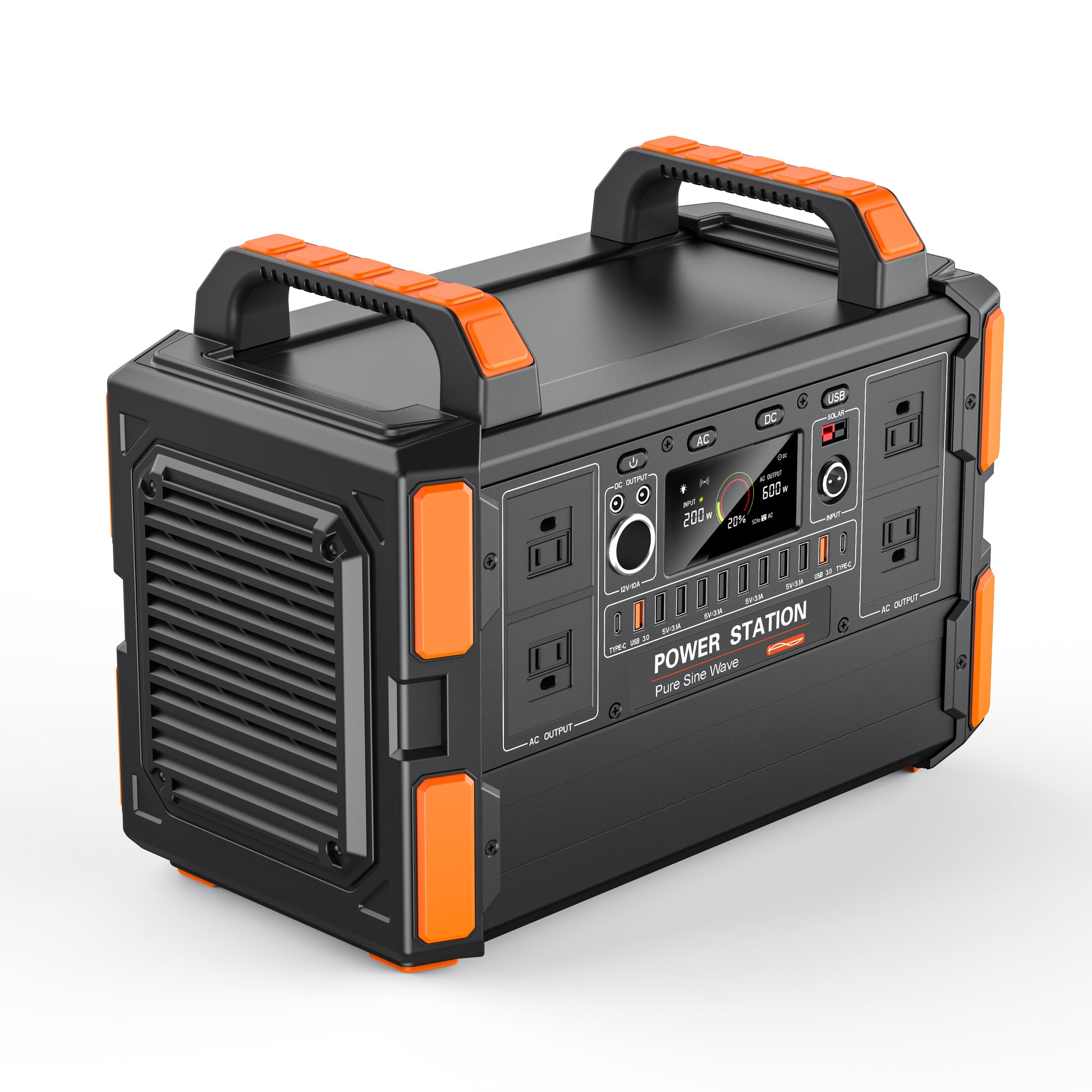 Portable power station with orange accents on a white background