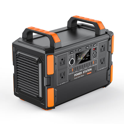 Portable power station with orange accents on a white background