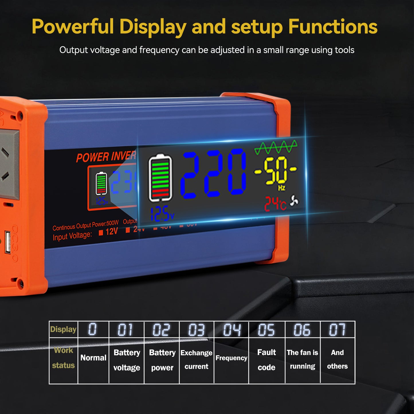 1000W Pure Sine Power Inverter 12V DC to 110V/220V AC,  Full-Function LCD Display