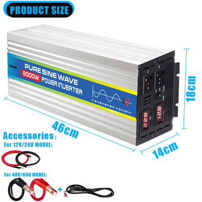 Pure sine wave power inverter with dimensions and accessories on a white background