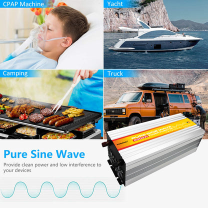 Power inverter with images of a CPAP machine, yacht, camping scene, and truck, highlighting its use in various settings.