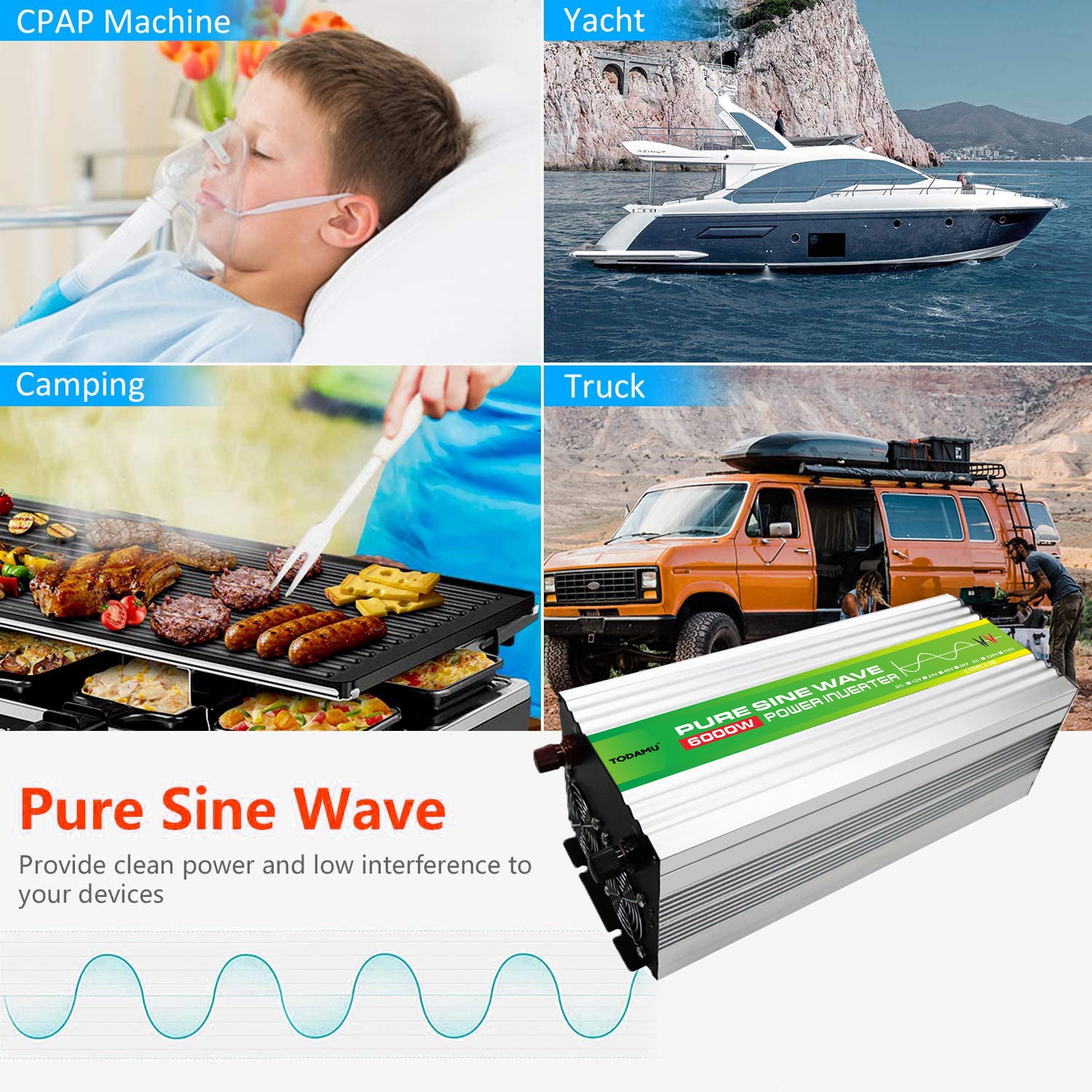Power inverter with images of a CPAP machine, yacht, camping scene, and truck, labeled 'Pure Sine Wave'.