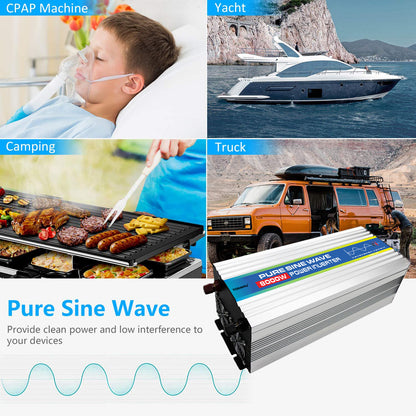 Collage of images showing a CPAP machine, yacht, camping scene, and truck with a power inverter labeled 'Pure Sine Wave'.