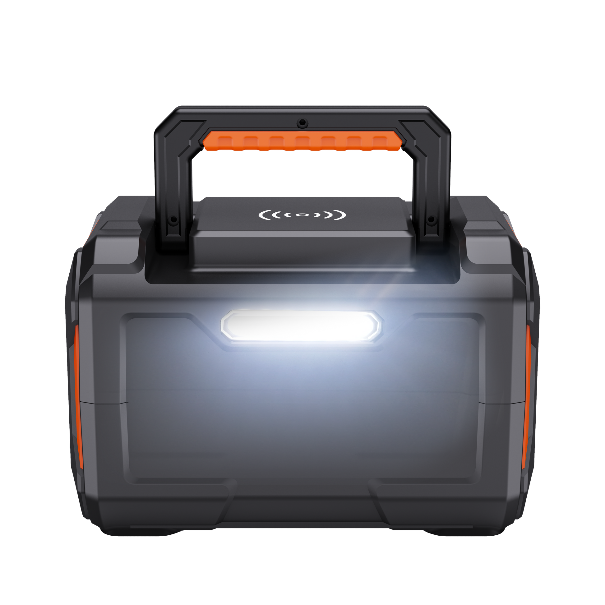 Portable power station with a light on a white background