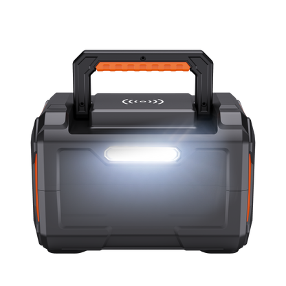 Portable power station with a light on a white background