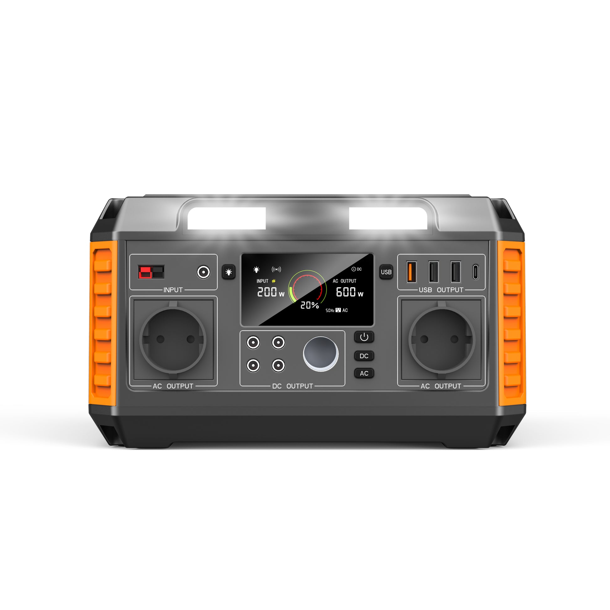 Portable power station with digital display and multiple outlets on a white background