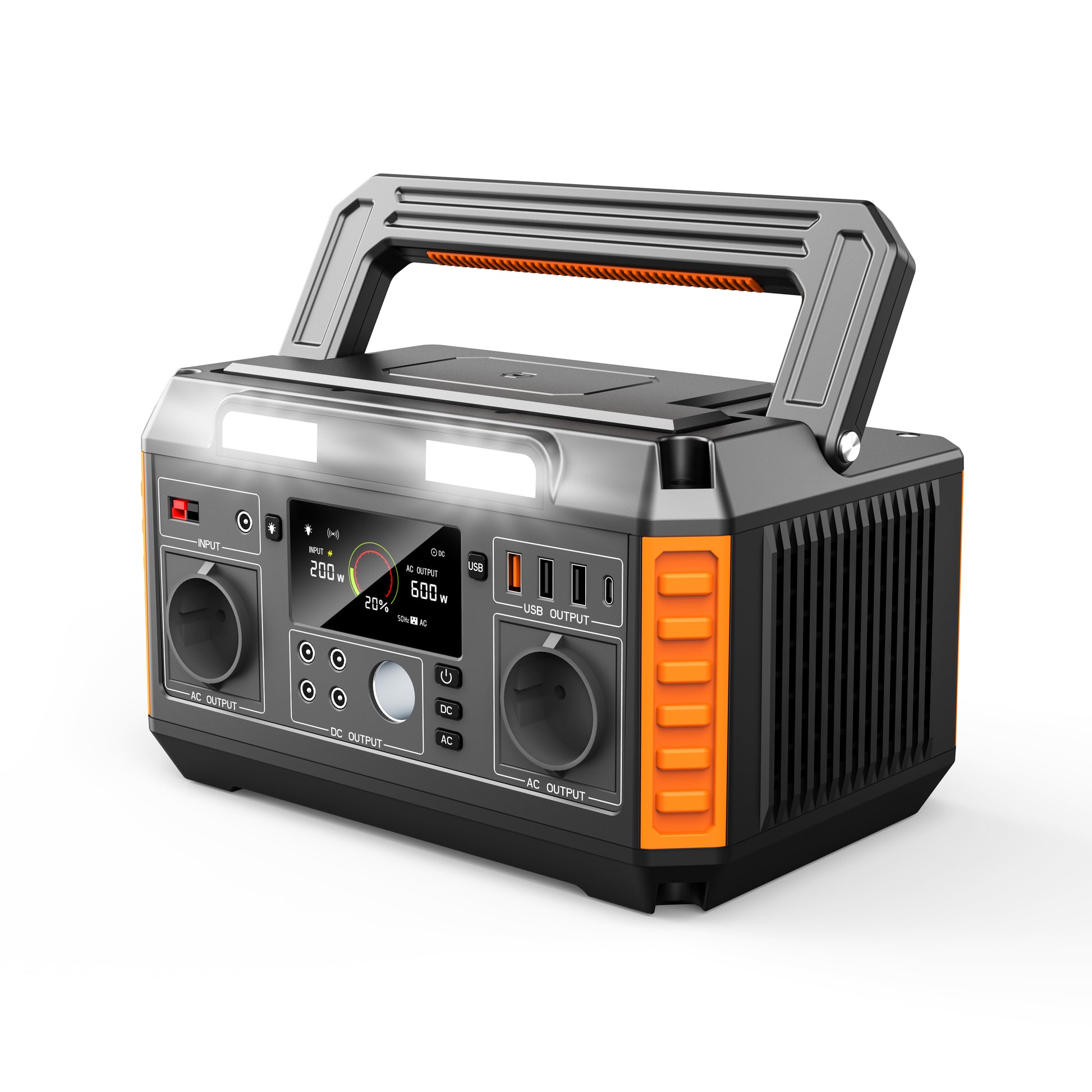 Portable power station with digital display and control buttons on a white background