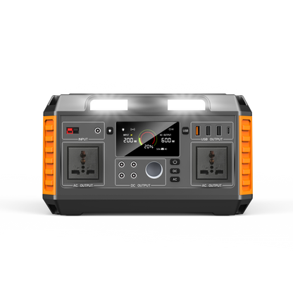 Portable power station with digital display and multiple outlets on a white background