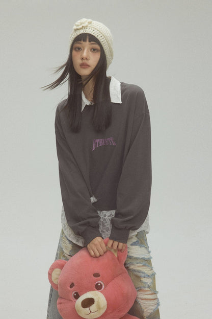 TODAMU® Vintage Faux Two-Piece Letter Embroidered Polo Shirt for Women