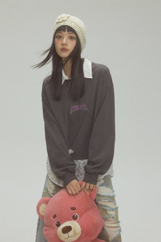 TODAMU® Vintage Faux Two-Piece Letter Embroidered Polo Shirt for Women