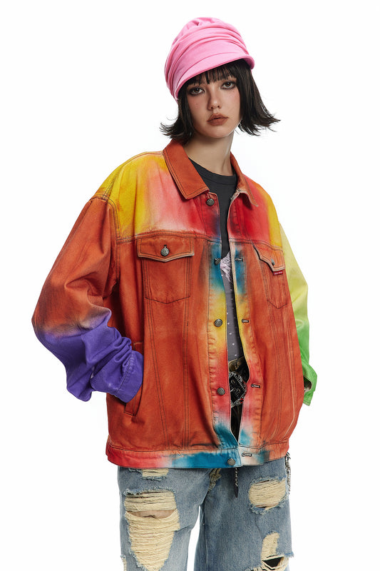 TODAMU® Women's American Retro Rainbow Vintage Reworked Denim Jacket