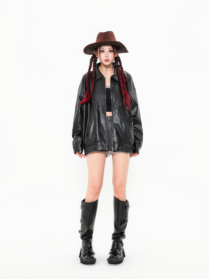 TODAMU® Women's New American Couple Style Loose Leather Jacket