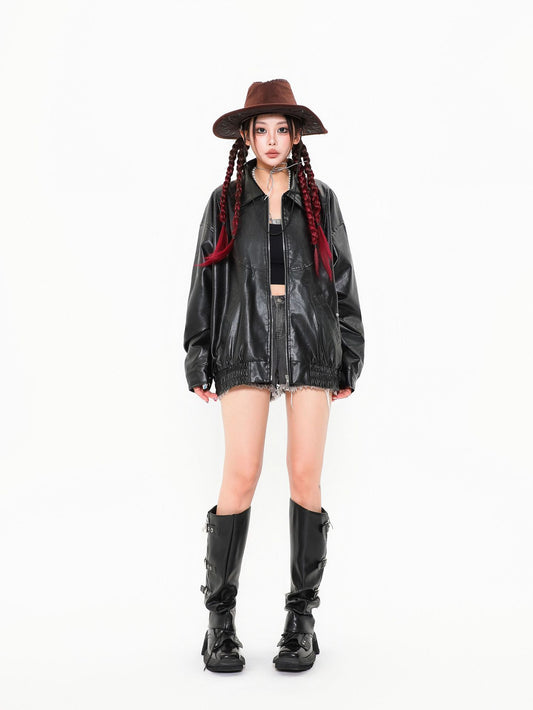 TODAMU® Women's New American Couple Style Loose Leather Jacket