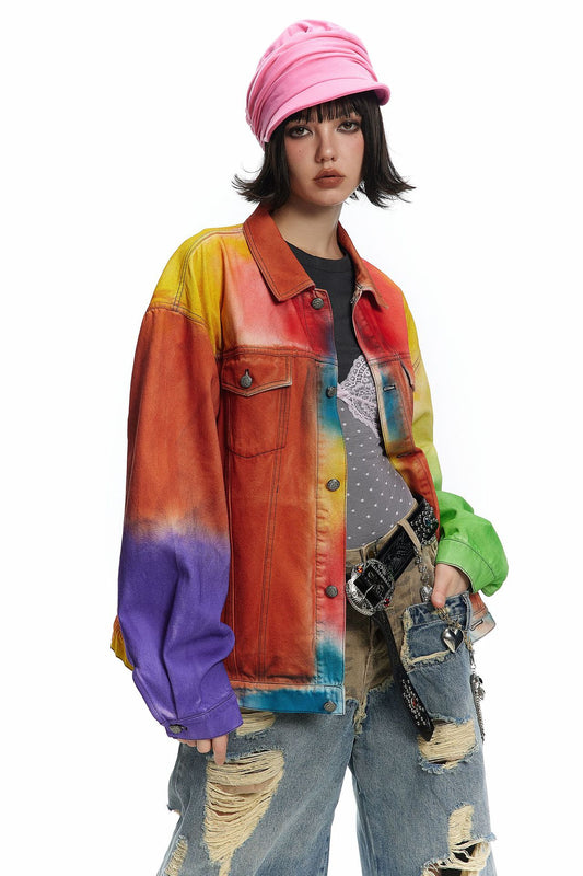 TODAMU® Women's American Retro Rainbow Vintage Reworked Denim Jacket