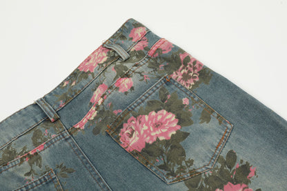 TODAMU® American Retro Hot Girl Flower Print Washed Denim Trousers