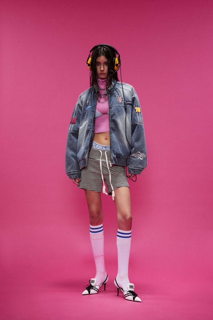 TODAMU® American Vintage Washed Blue Badge Cotton Jacket for Women