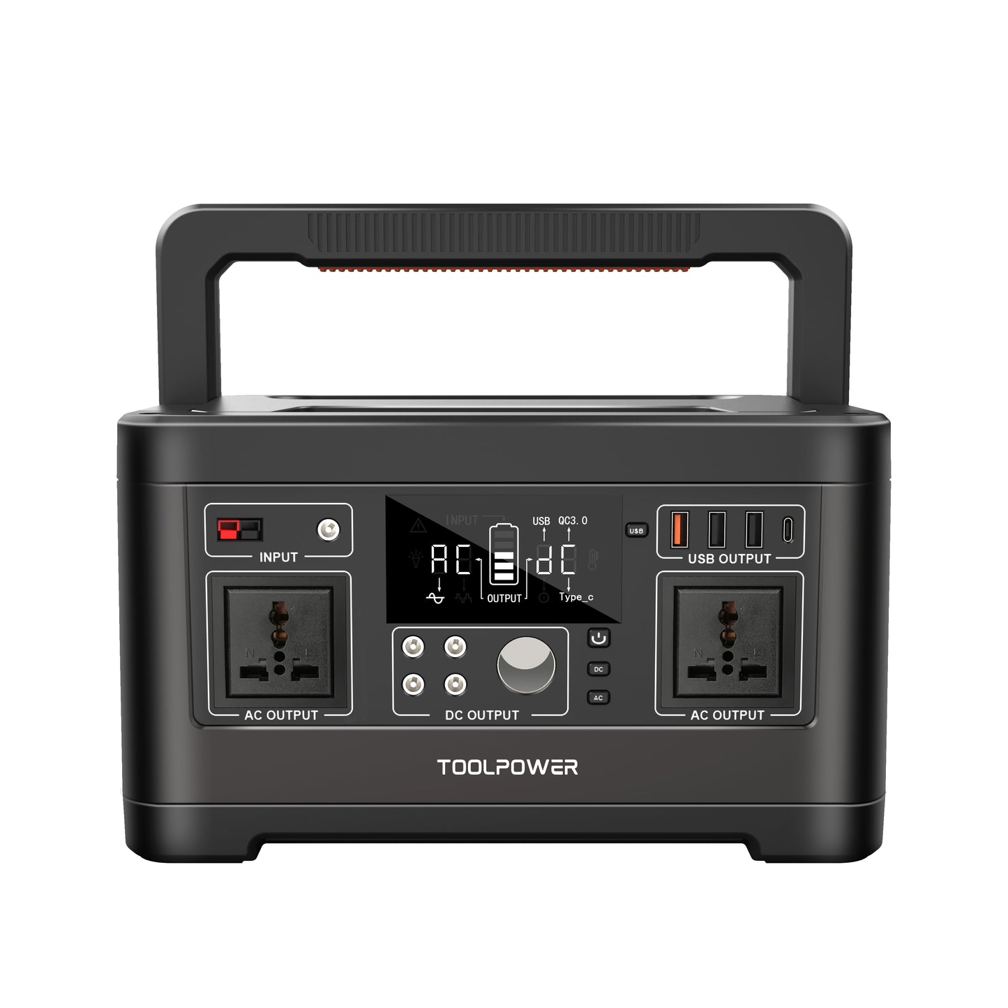 Black power station with multiple outlets and display on a white background