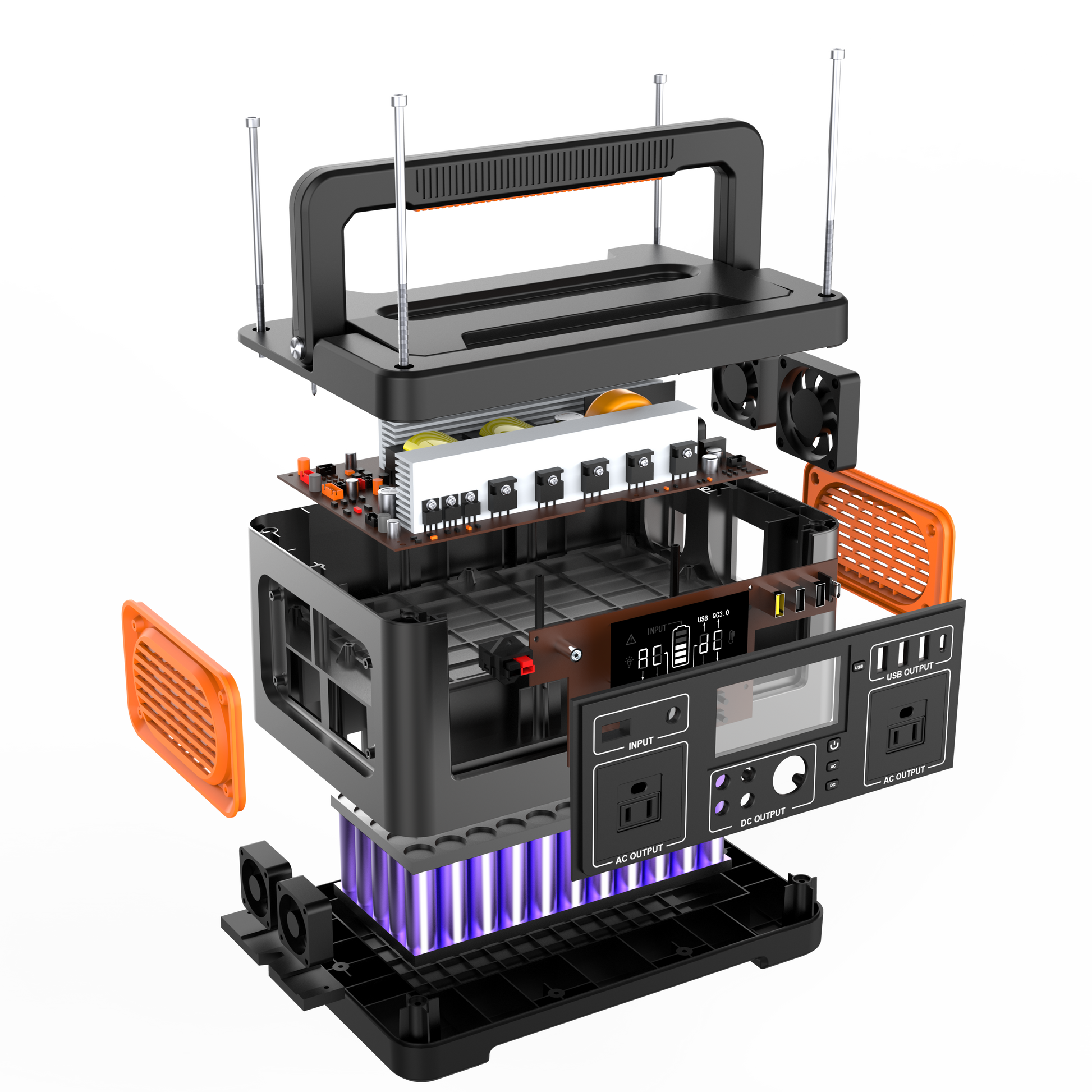 Complex electronic device with various components on a white background
