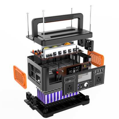 Complex electronic device with various components on a white background