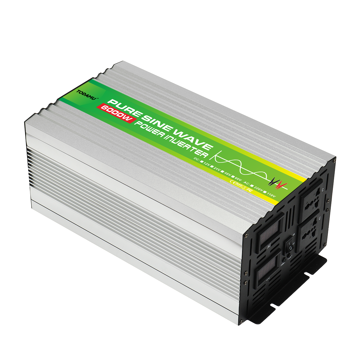 Power inverter with green label on a white background