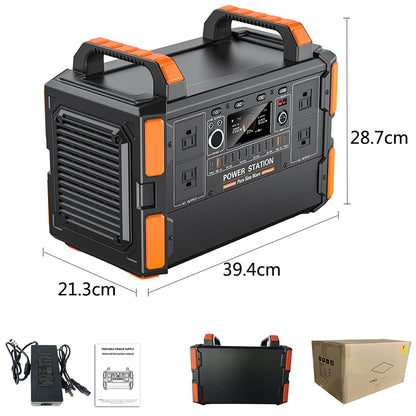 Black and orange power station with dimensions and accessories on a white background