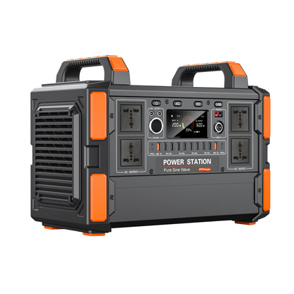 Portable power station with orange accents on a white background