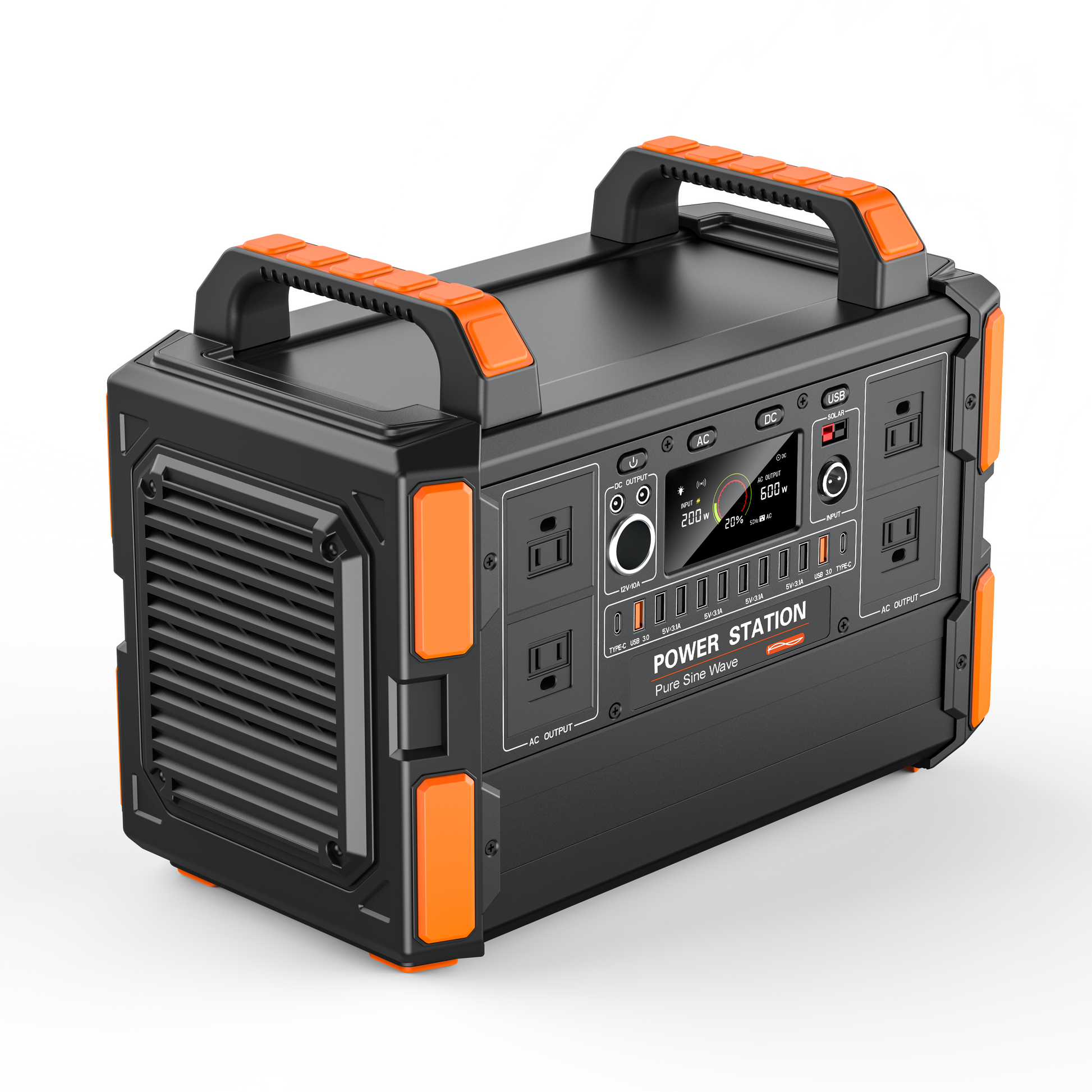Portable power station with orange accents on a white background