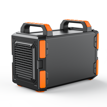 Portable power station with black and orange design on a white background