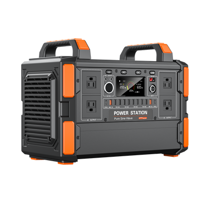 Portable power station with orange accents on a white background